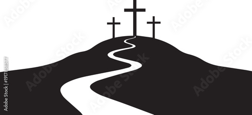 Winding path to calvary hill vector silhouette with three crosses and religious line art style