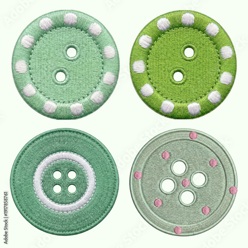 Four Decorative Green Embroidered Buttons Collection