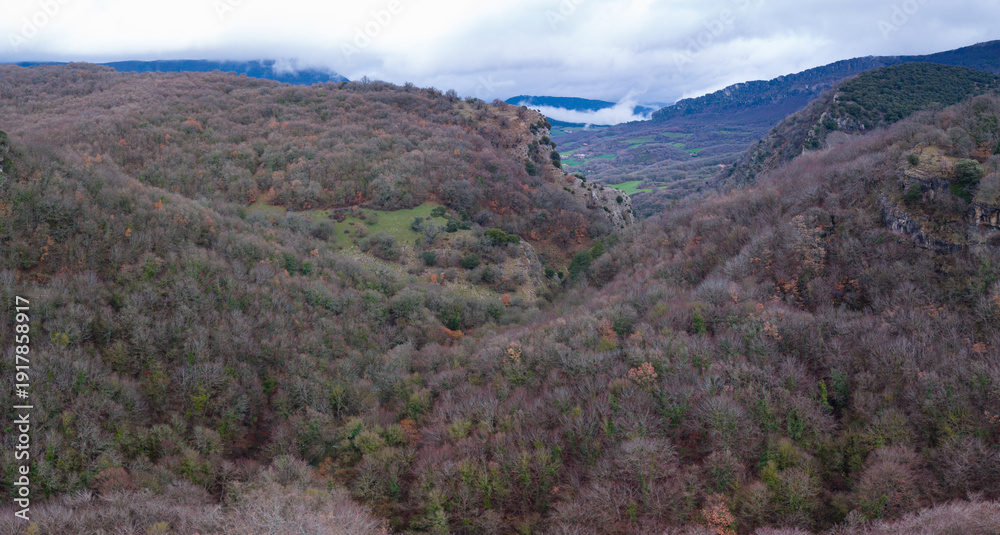 Obraz premium Aerial view from a drone of the Artazul Waterfall in Aizpún in the Ollo Valley. Navarre, Spain. Europe