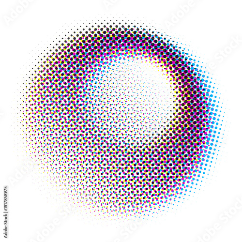 CMYK halftone round shape, vector colorful abstract background, printing color separation. Retro vintage analog illustration