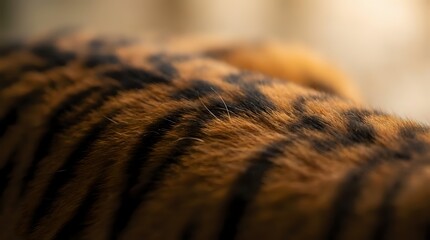 Close-up macro shot of orange and black striped tiger fur texture with soft focus background for wildlife and nature design projects.