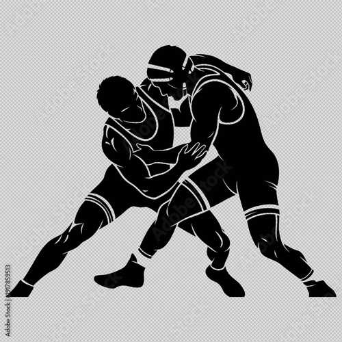 Wrestlers in action grappling and fighting on the mat