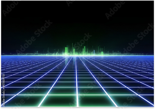 Abstract blue digital technology background with glowing grid lines and futuristic perspective design