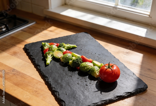 Healthy vegetables arranged in an upward arrow on a slate plate in a kitchen