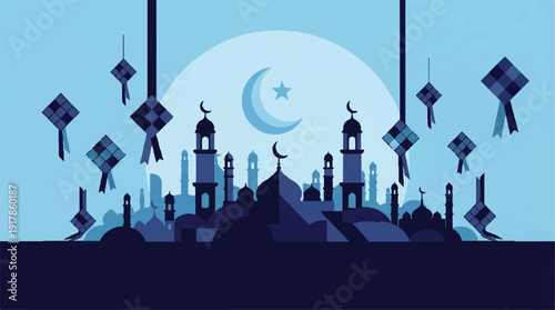 mosque silhouette with kites flying in front of full moon and crescent moon