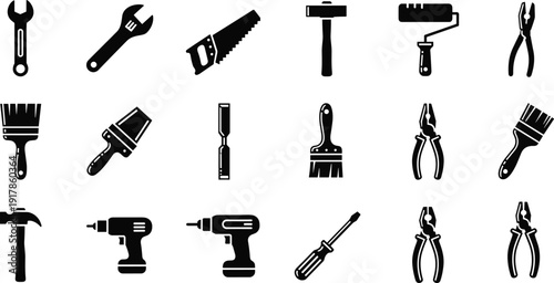 WebBlack silhouette illustration of twenty hand tools including wrenches, saw, hammer, drill, pliers, screwdrivers, chisels, and paintbrushes for construction and maintenance