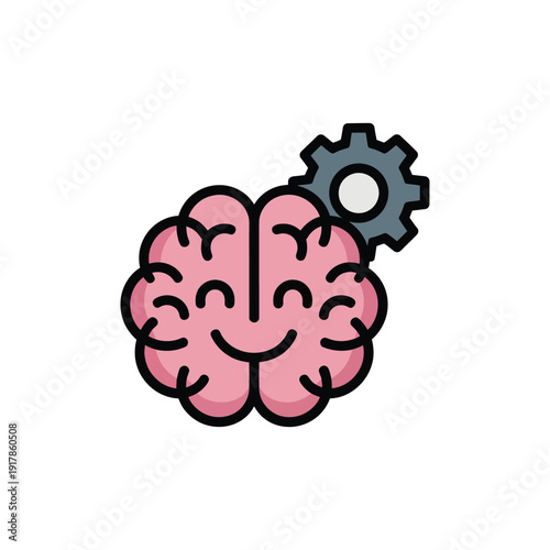 A happy brain with a gear symbolizes smart thinking and problem solving.