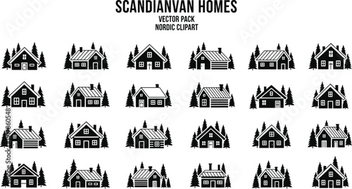 Scandinavian Homes Vector Pack: Minimalist Nordic Cabin Clipart and Forest Dwelling Silhouettes
