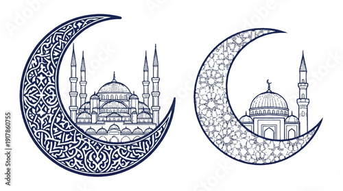 mosque and crescent moon designs with intricate patterns and architecture