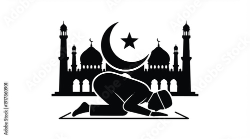 Muslim man praying on mat in front of mosque with crescent moon and star  Islamic faith symbol