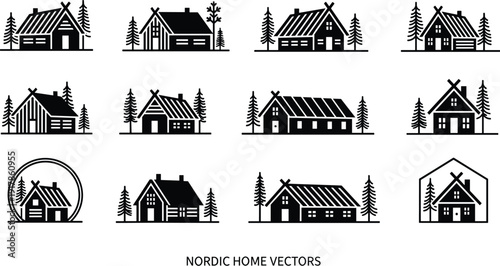 Nordic Home Vectors: Minimalist Scandinavian Cabin Silhouettes and A-Frame House Icons