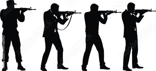 Black silhouette illustrations of armed figures in shooting stance, military and agent characters with rifles, vector artwork for security, combat, defense, tactical, and creative projects
