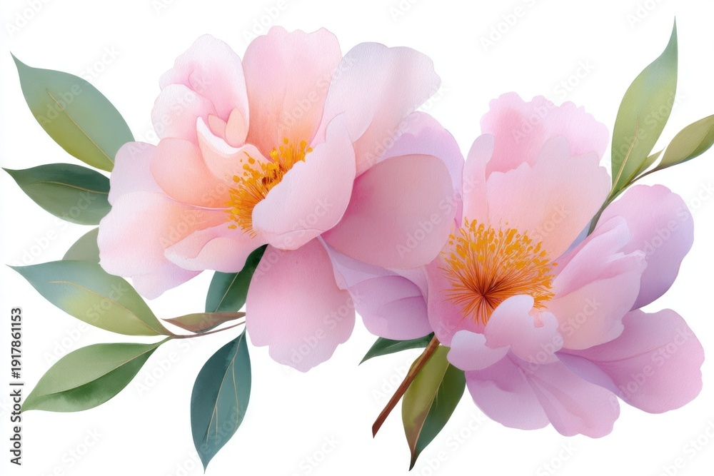Obraz premium A masterpiece watercolor painting of lush pink Peony flowers. Wet on wet technique, watery splashes, soft edges. Delicate petals, fresh green leaves