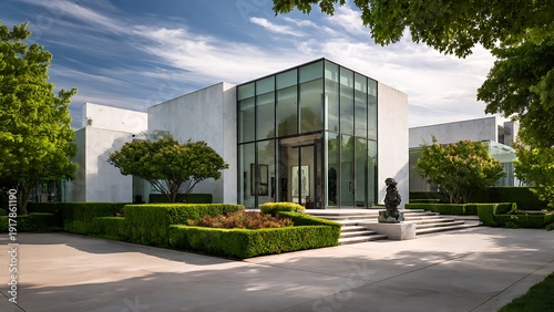 Modern Minimalist Art Gallery Building with Glass Facade and Greenery