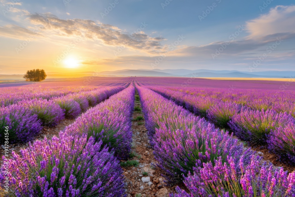 Obraz premium Agricultural landscape horizon at sunrise. Endless rows of blooming purple lavender fields leading the eye directly to the rising sun on the horizon line