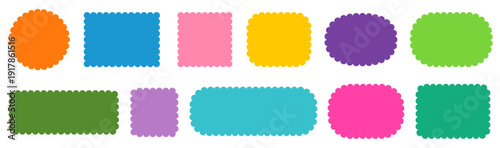 Colorful vector round, square and rectangular shapes with scalloped wavy zigzag edges, Cute graphic design elements for labels, gift and sale tags