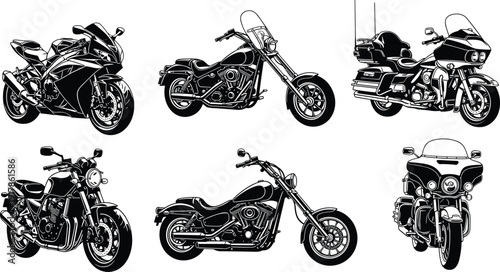 Black silhouette illustrations of motorcycles including sport bikes, cruisers, and touring models, vector vehicle artwork for automotive design, transportation, lifestyle, and creative projects