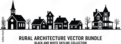 Rural Architecture Vector Bundle: Black and White Village Skyline Collection