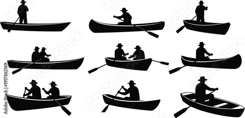 Black silhouettes of people rowing boats in various postures, vector illustration set of rowers and passengers, aquatic design for marine, sport, and lifestyle themes