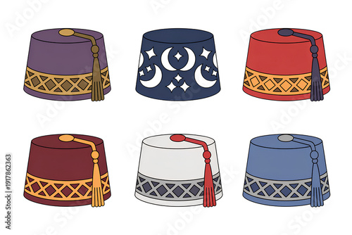Set of colorful traditional fez hats with tassels and cultural geometric patterns on top