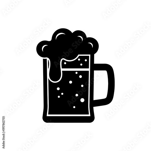 A dark filled beer mug illustration with a frothy head simplified silhouette