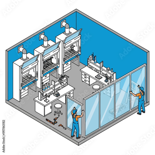 Laboratory workers in a cleanroom facility with equipment and safety gear.
