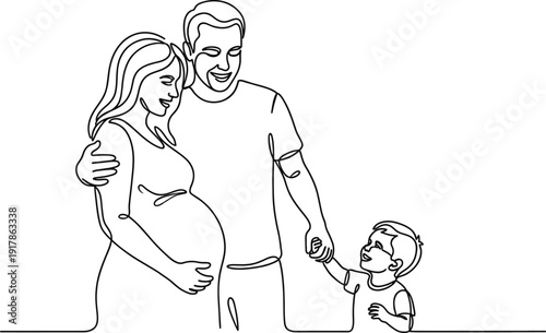 Continuous Line Drawing Happy Pregnant Woman With Her Husband And Small Son Silhouette Picture