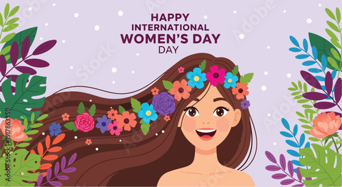 Happy International Women's Day banner with beautiful woman and long floral hair. Flat vector illustration of smiling girl with flowers. Elegant feminine greeting card.