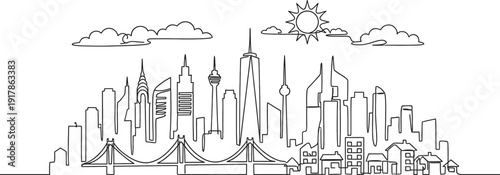 Building Cityscape One Line Drawing Art Silhouette