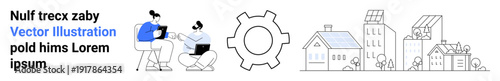 Two individuals working on laptops, a central gear symbol, and illustrated buildings. Ideal for teamwork, innovation, urban planning, real estate, technology, development simple landing page