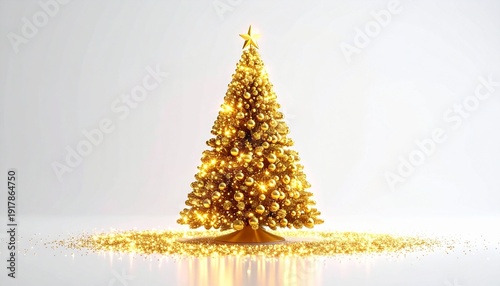 Golden Christmas Tree with Star Ornament Sparkling Decoration Holiday Festive Season Celebration Joyful Occasion.
