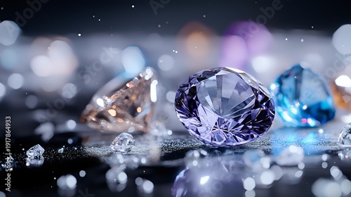 Sparkling diamonds and gemstones on dark surface with bokeh lights background for luxury jewelry design and precious stone collection displays.