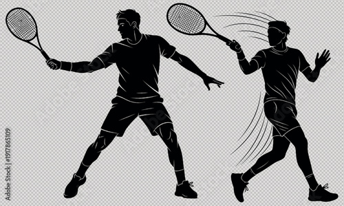 Two tennis players in action with rackets