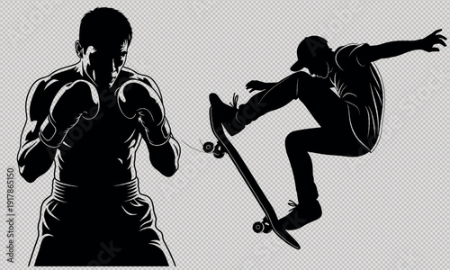 Silhouette of skateboarder performing trick alongside muscular figure