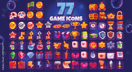 Large collection of 77 colorful game icons and UI assets for fantasy RPG and mobile application development.