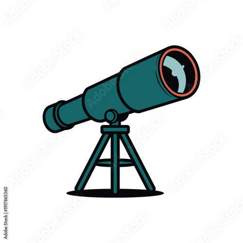A teal telescope stands on a tripod, ready for observation.