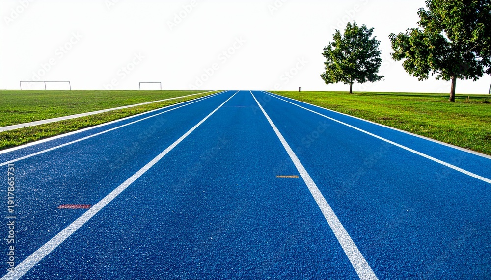 Obraz premium Blue running track in a park under bright light providing open space and possibilities promoting active lifestyle and fitness.