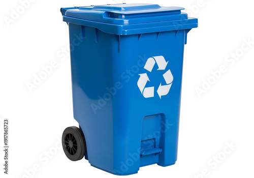 A blue recycling bin with a recycling symbol isolated on transparent background