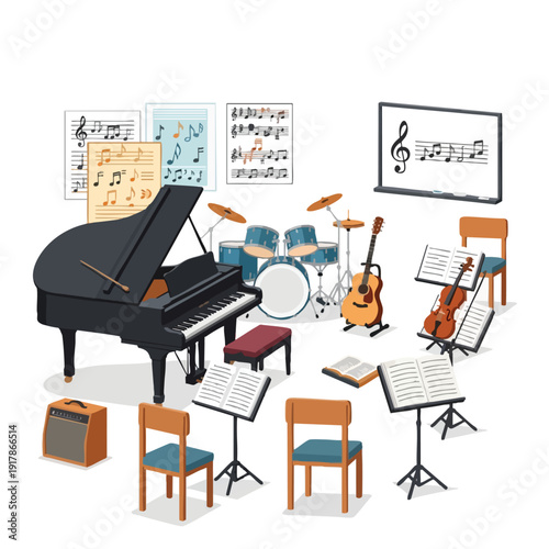 Music Practice Room with Piano Guitars and Chairs for Rehearsals and Lessons