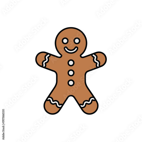 A simple gingerbread man cookie with a smiling face and button decorations stands isolated on a white background.
