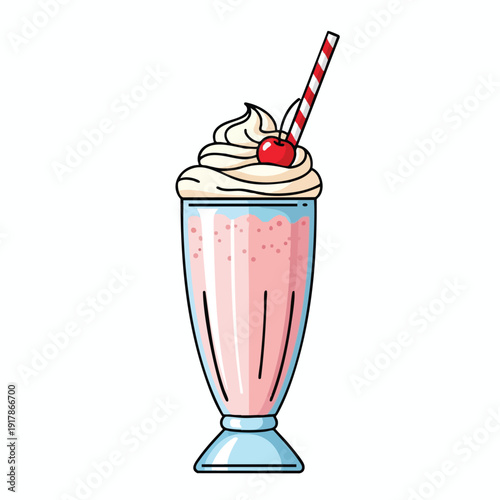 Delicious Ice Cream Milkshake with Whipped Cream and Cherry in a Glass