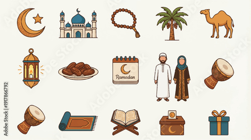 Ramadan Kareem festive icons and symbols collection
