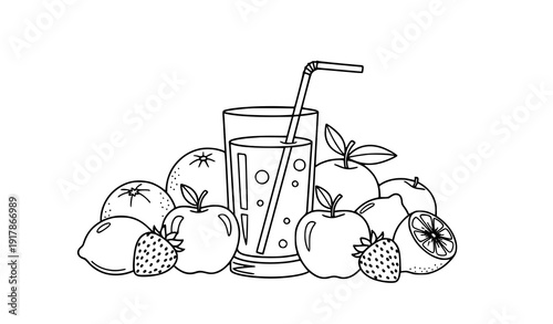 Fresh fruit juice glass with surrounding fruits black outline vector illustration