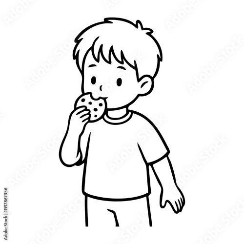 Dibujo sencillo con líneas de un niño comiendo una cookie 