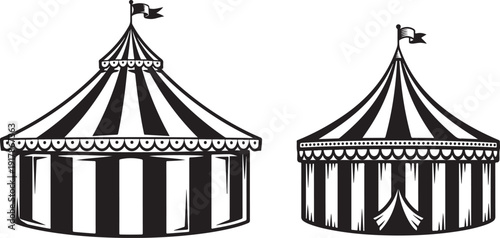 Circus tent icons featuring classic striped big top design with flags and decorative patterns perfect for carnival events amusement parks and retro fairground theme