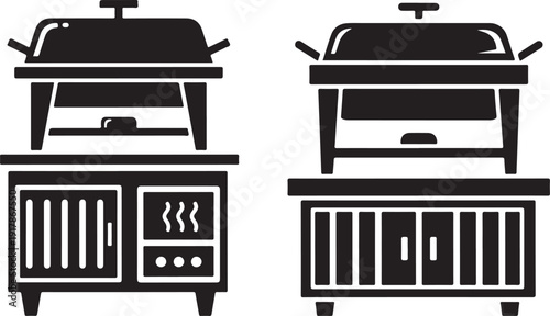 Chafing dish on server cabinet silhouette vector illustration food warmer equipment on wooden buffet table design