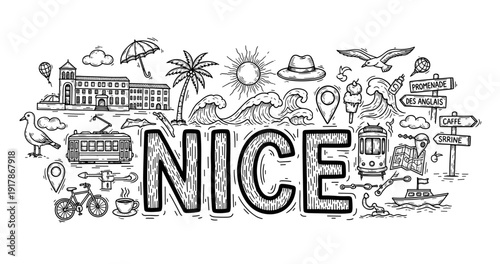 Doodle artwork of nice, france with iconic landmarks and symbols
