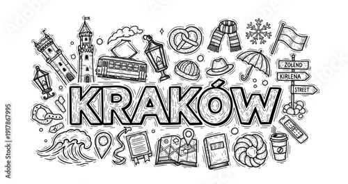 Doodle art of kraków icons including tram, flags, and local delicacies