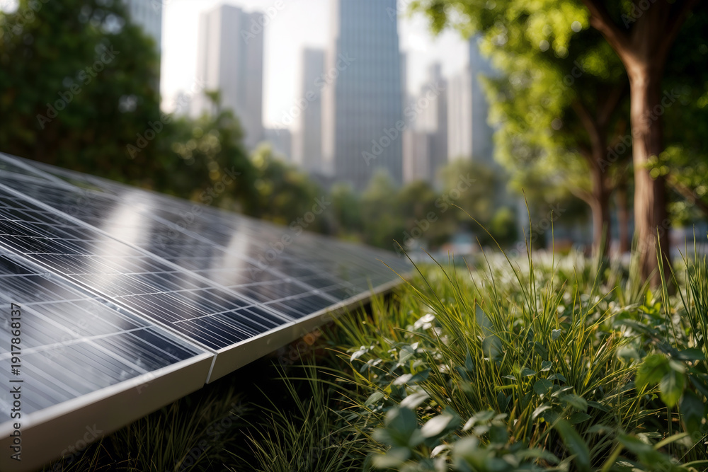 Fototapeta premium Solar Energy Panels in Urban Green Space Promoting Sustainable City