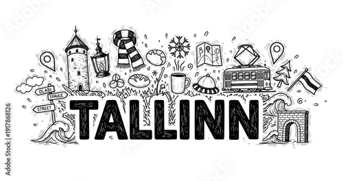 Artistic monochrome sketch of tallinn landmarks and cultural icons